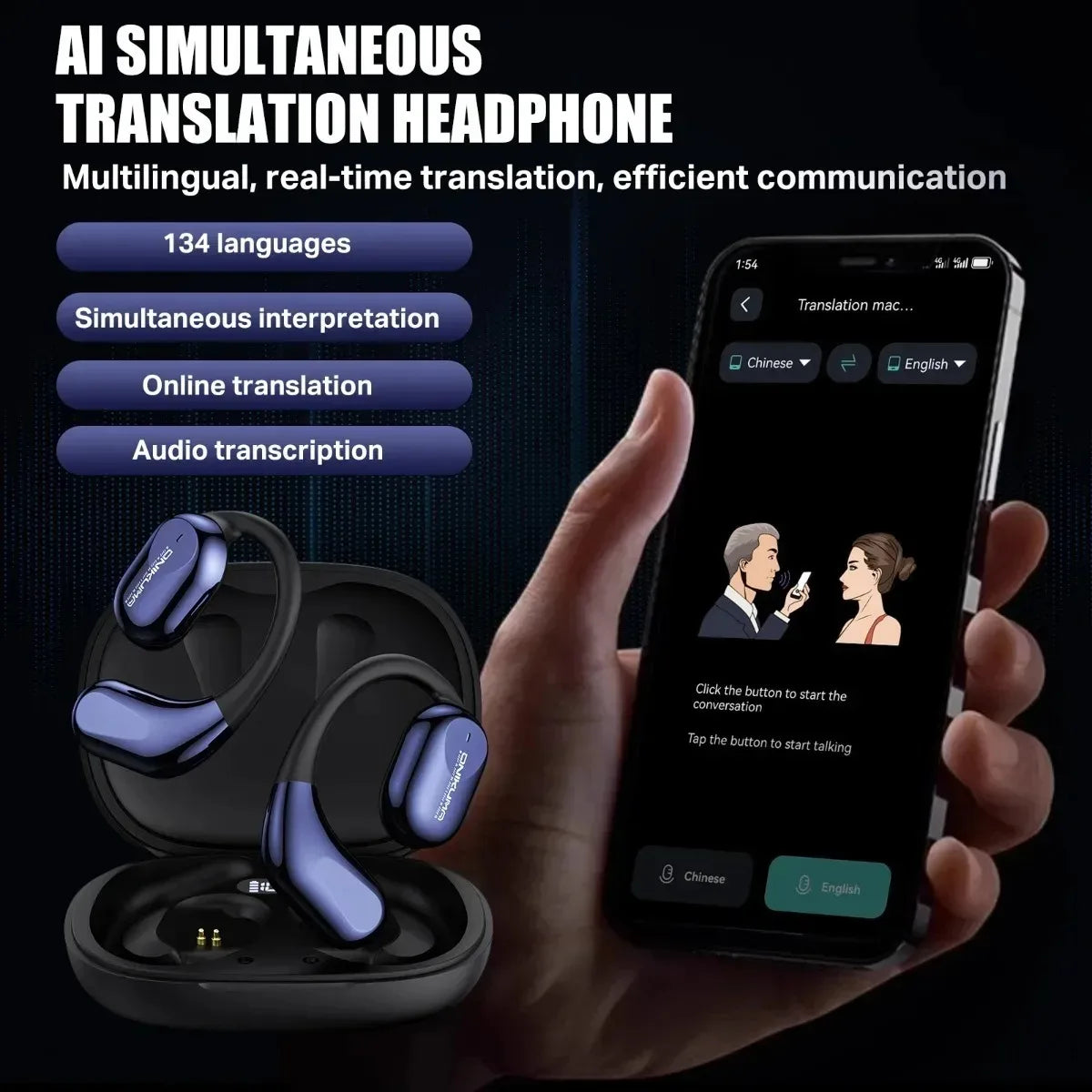 ONIKUMA T209 Translate Earphone Intelligent Real-time AI Translation 134 Languages Wireless Hanging Ear Style Bluetooth Earphone